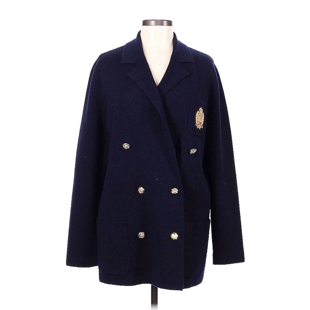 Ralph Lauren knit 100% Merino Wool Double Breasted Crest Blazer Navy Size M